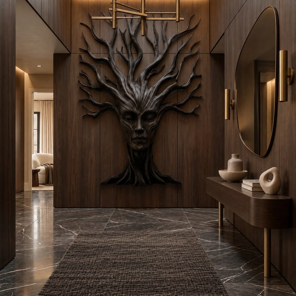 Sculptural Wood Tree Wall Art With Carved Face Design For Entryway