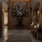 Sculptural Wood Tree Wall Art With Carved Face Design For Entryway