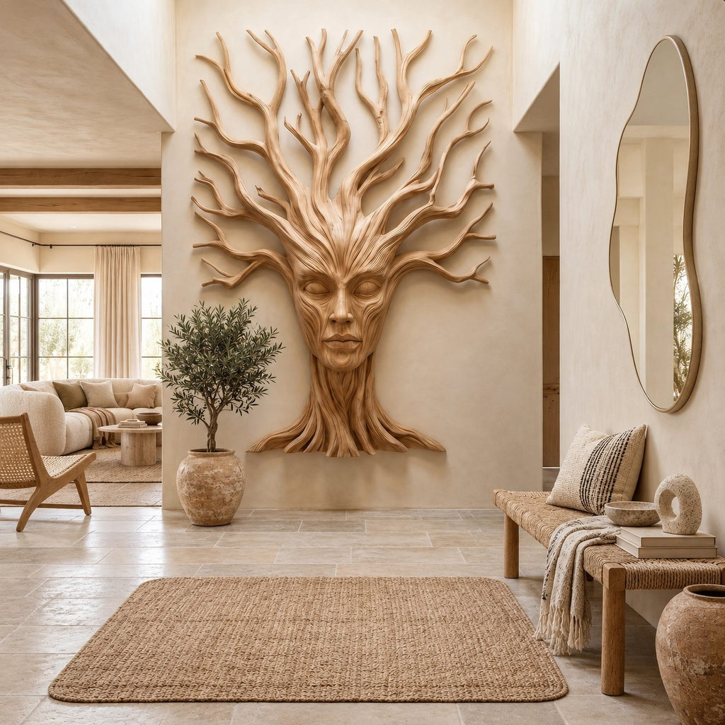 Sculptural Wood Tree Wall Art With Carved Face Design For Entryway