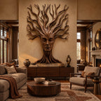 Sculptural Wood Tree Wall Art With Carved Face Design For Entryway