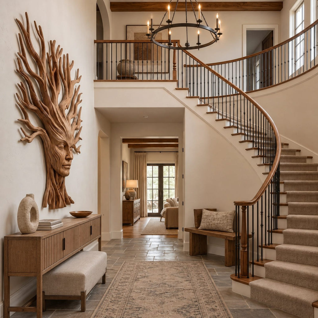 Sculptural Wood Tree Wall Art With Carved Face Design For Entryway