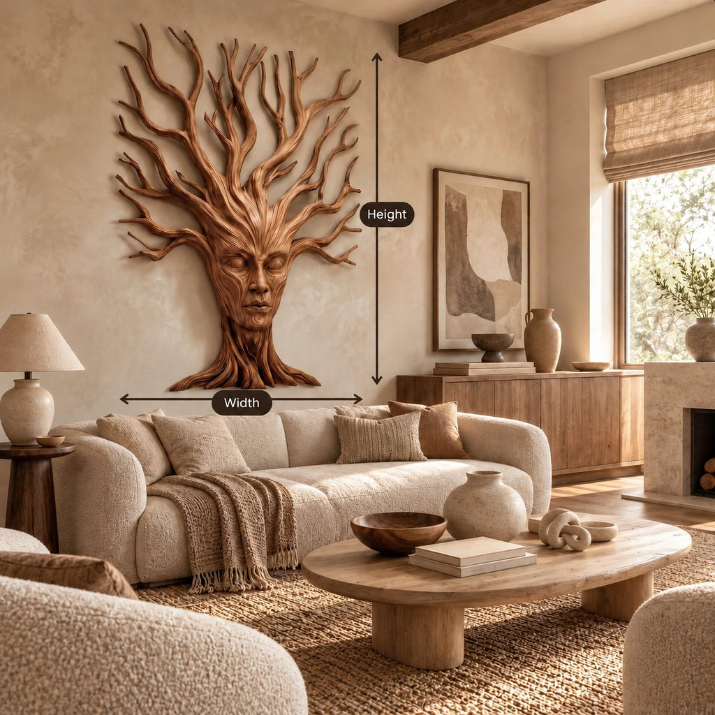Sculptural Wood Tree Wall Art With Carved Face Design For Entryway