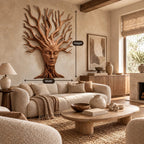 Sculptural Wood Tree Wall Art With Carved Face Design For Entryway