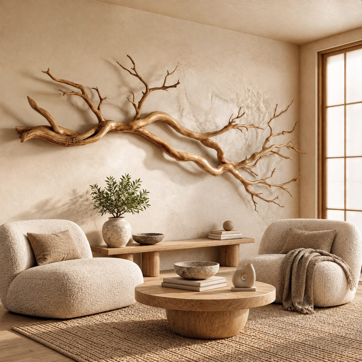 Wabi Sabi Wood Branch Wall Art With Natural Form For Living Room
