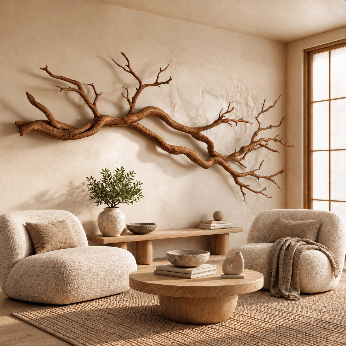 Wabi Sabi Wood Branch Wall Art With Natural Form For Living Room