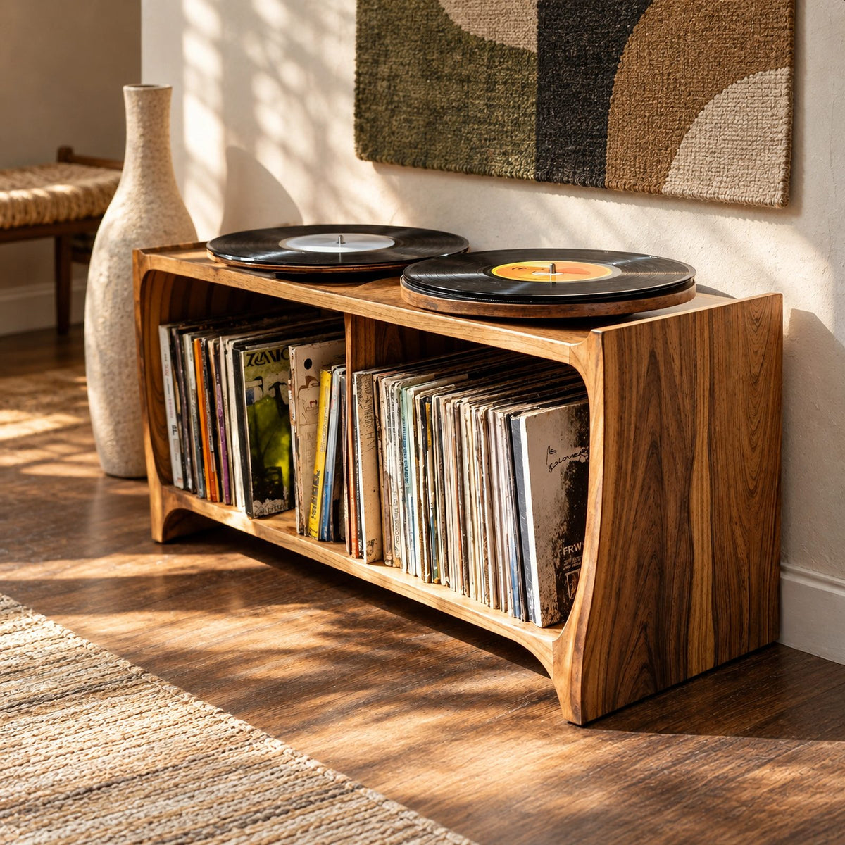 Mid Century Wood Record Player Stand With Open Storage For Living Room
