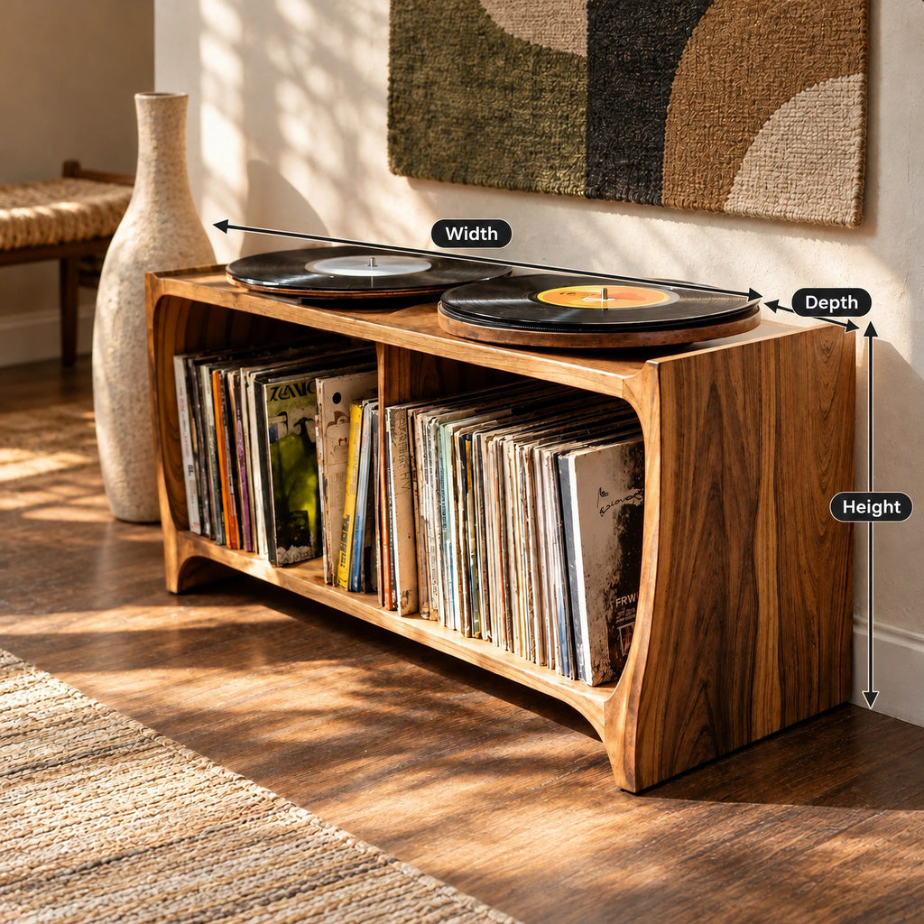 Mid Century Wood Record Player Stand With Open Storage For Living Room