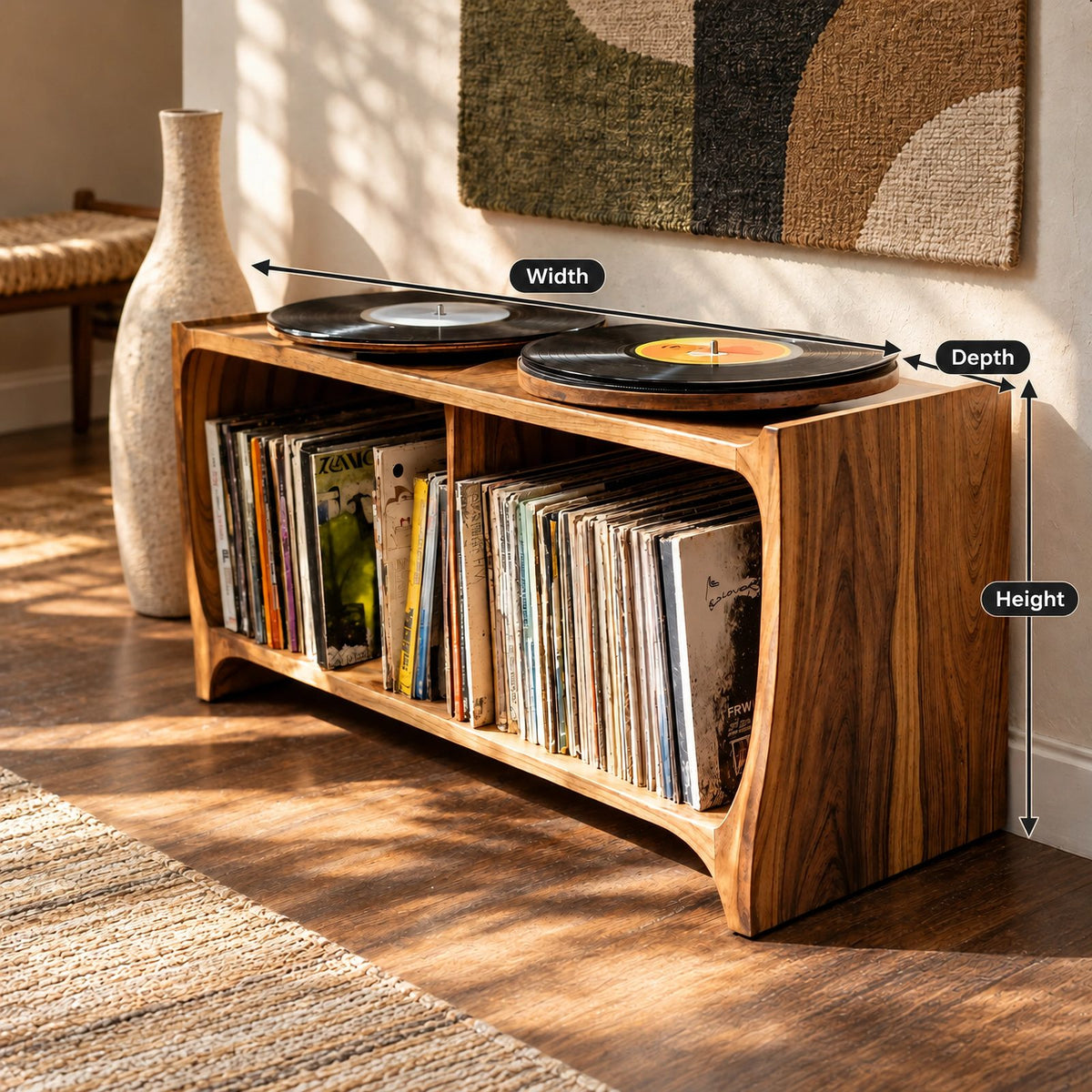 Mid Century Wood Record Player Stand With Open Storage For Living Room