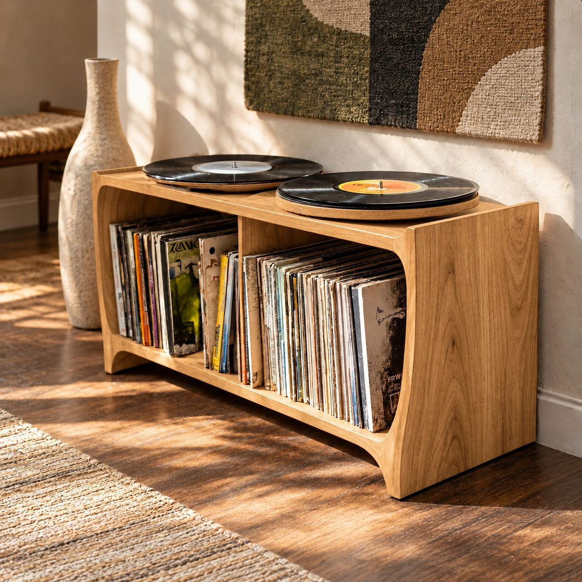 Mid Century Wood Record Player Stand With Open Storage For Living Room