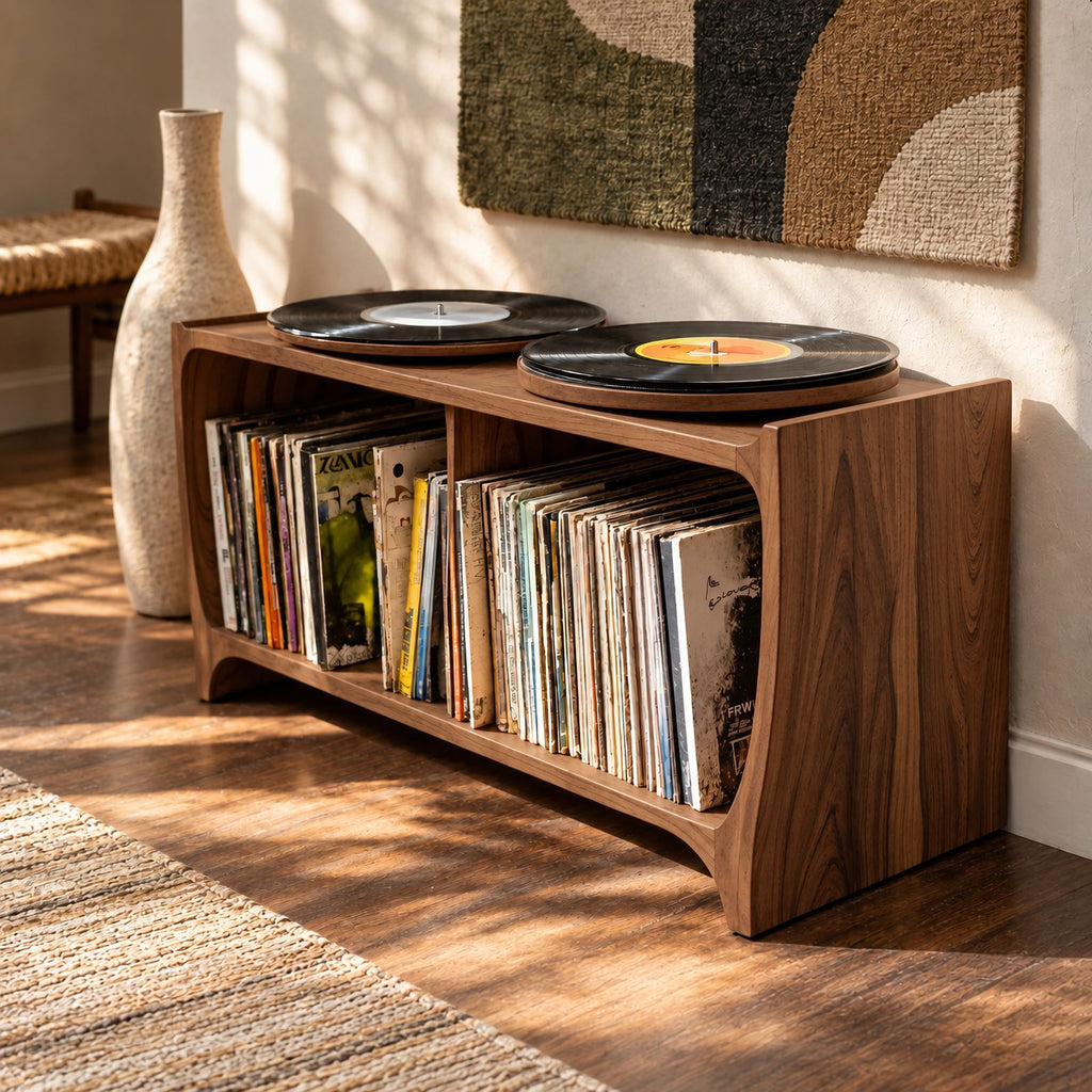 Mid Century Wood Record Player Stand With Open Storage For Living Room
