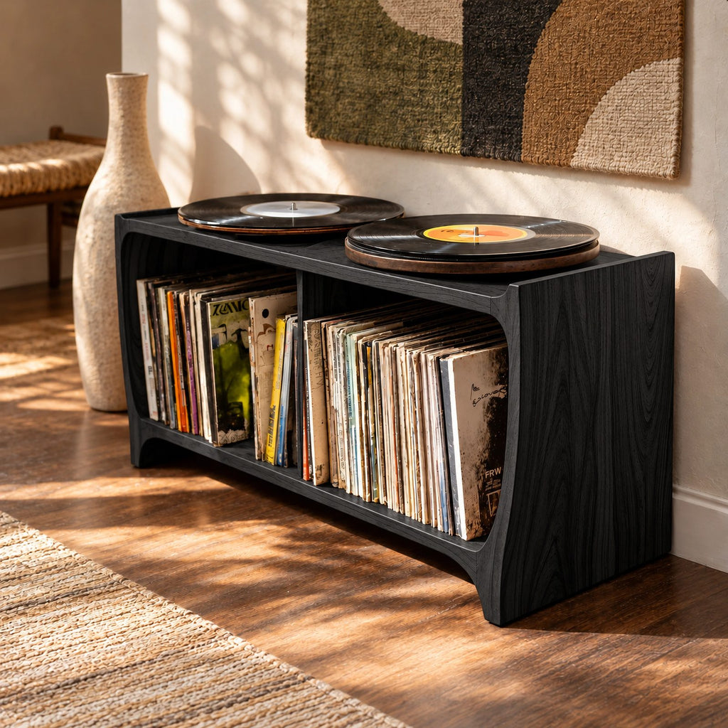 Mid Century Wood Record Player Stand With Open Storage For Living Room