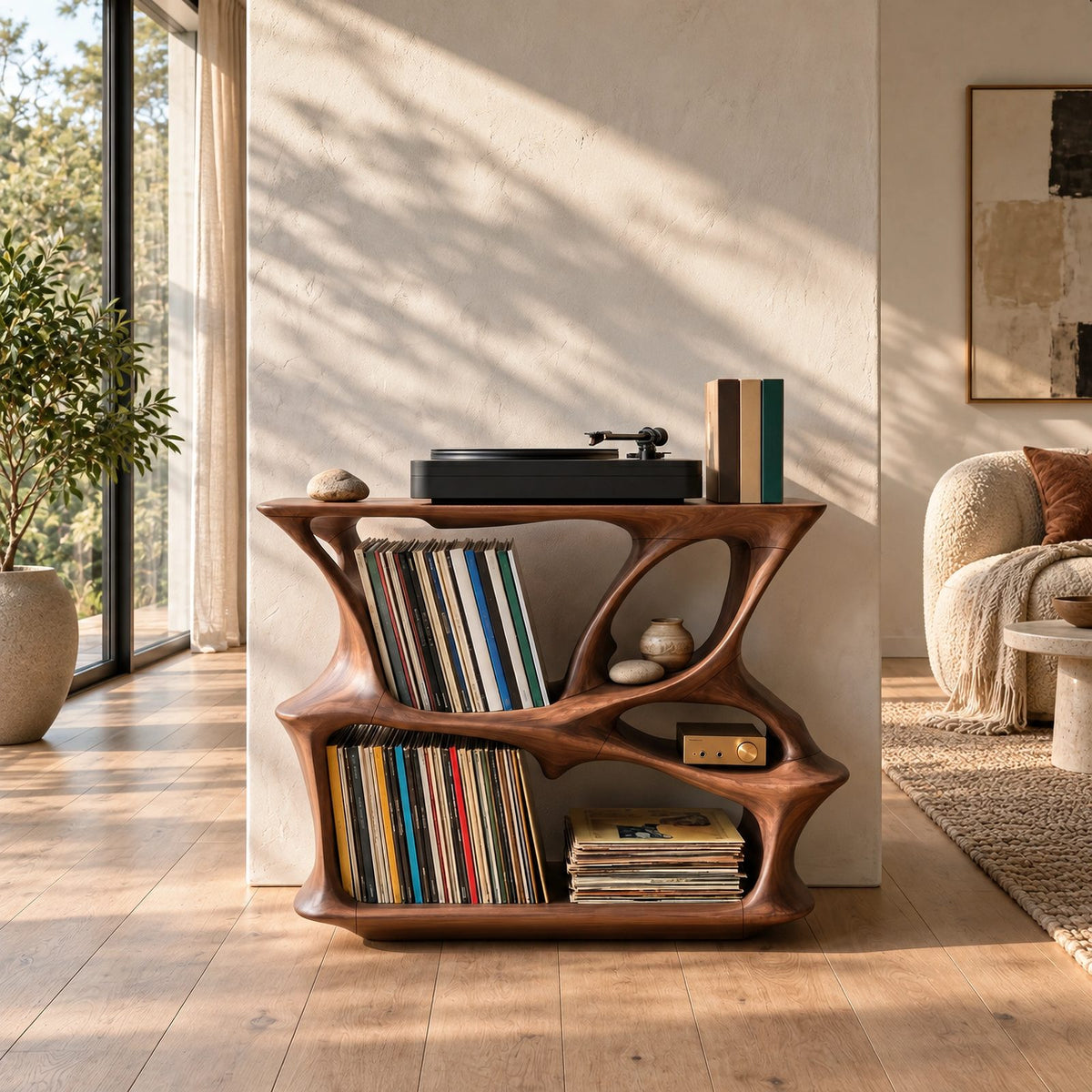 Contemporary Wood Record Player Stand With Branch Design For Living Room