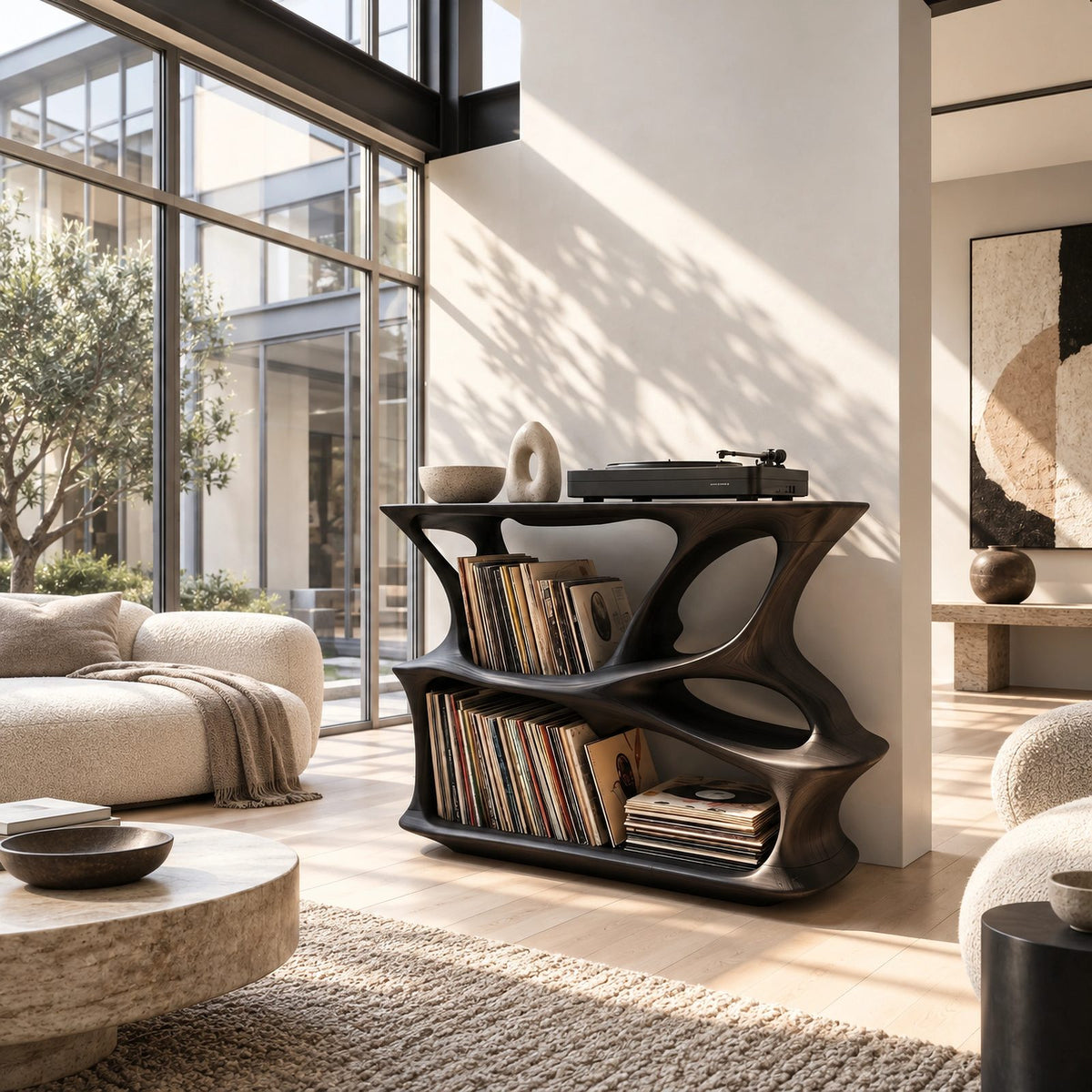 Contemporary Wood Record Player Stand With Branch Design For Living Room