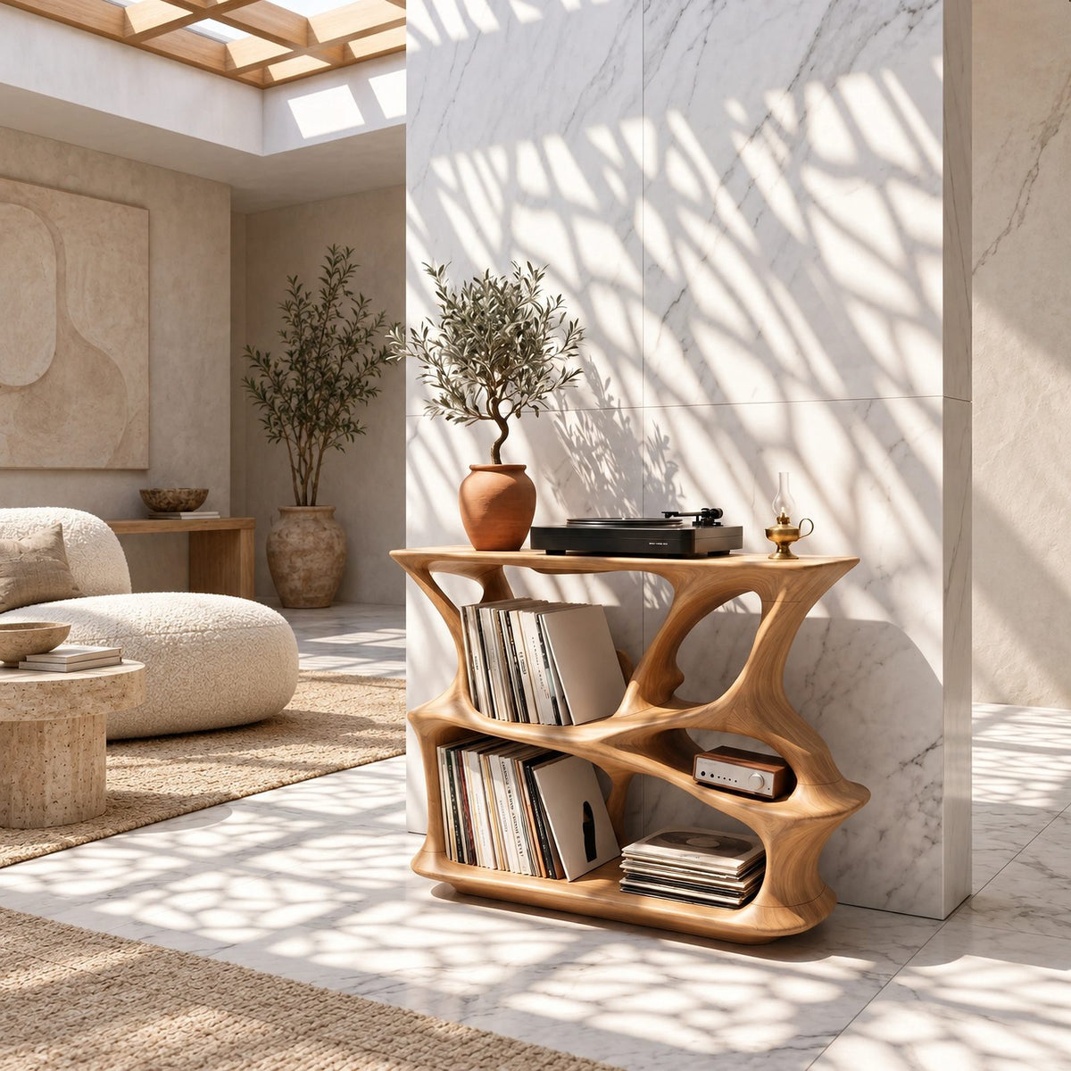 Contemporary Wood Record Player Stand With Branch Design For Living Room
