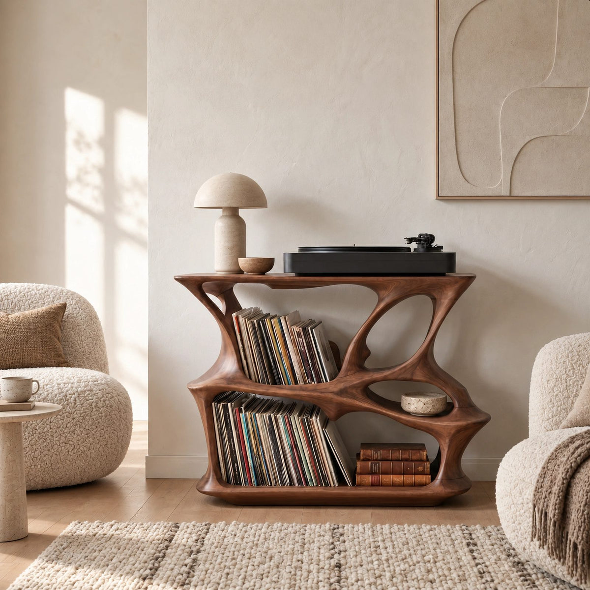 Contemporary Wood Record Player Stand With Branch Design For Living Room
