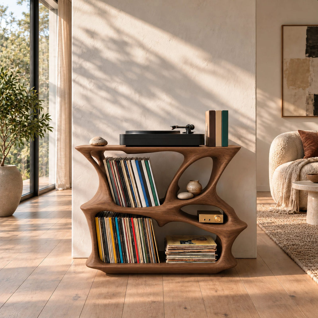 Contemporary Wood Record Player Stand With Branch Design For Living Room