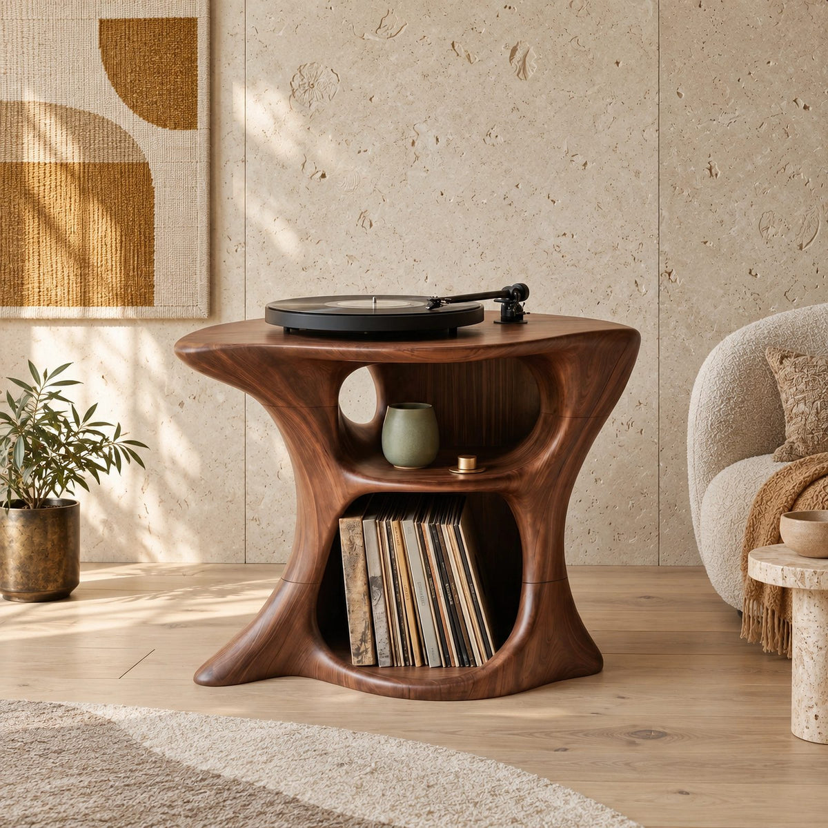 Farmhouse Wood Record Player Stand With Curved Open Shelf For Living Room