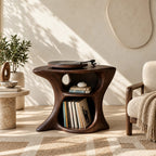 Farmhouse Wood Record Player Stand With Curved Open Shelf For Living Room