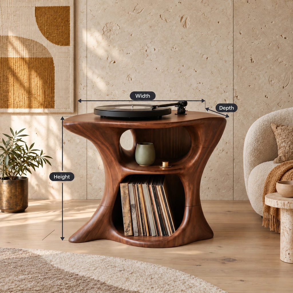Farmhouse Wood Record Player Stand With Curved Open Shelf For Living Room