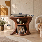 Farmhouse Wood Record Player Stand With Curved Open Shelf For Living Room