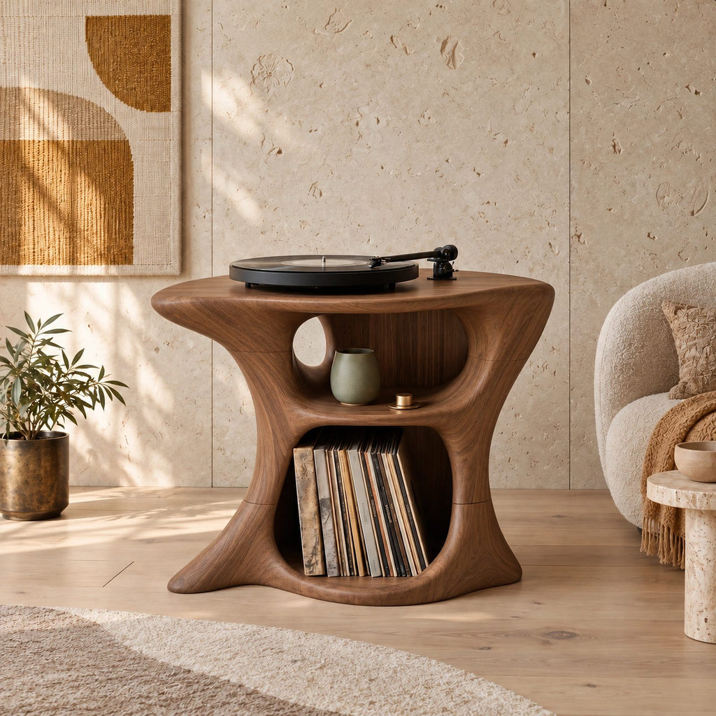 Farmhouse Wood Record Player Stand With Curved Open Shelf For Living Room