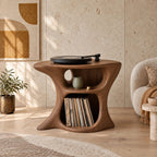 Farmhouse Wood Record Player Stand With Curved Open Shelf For Living Room