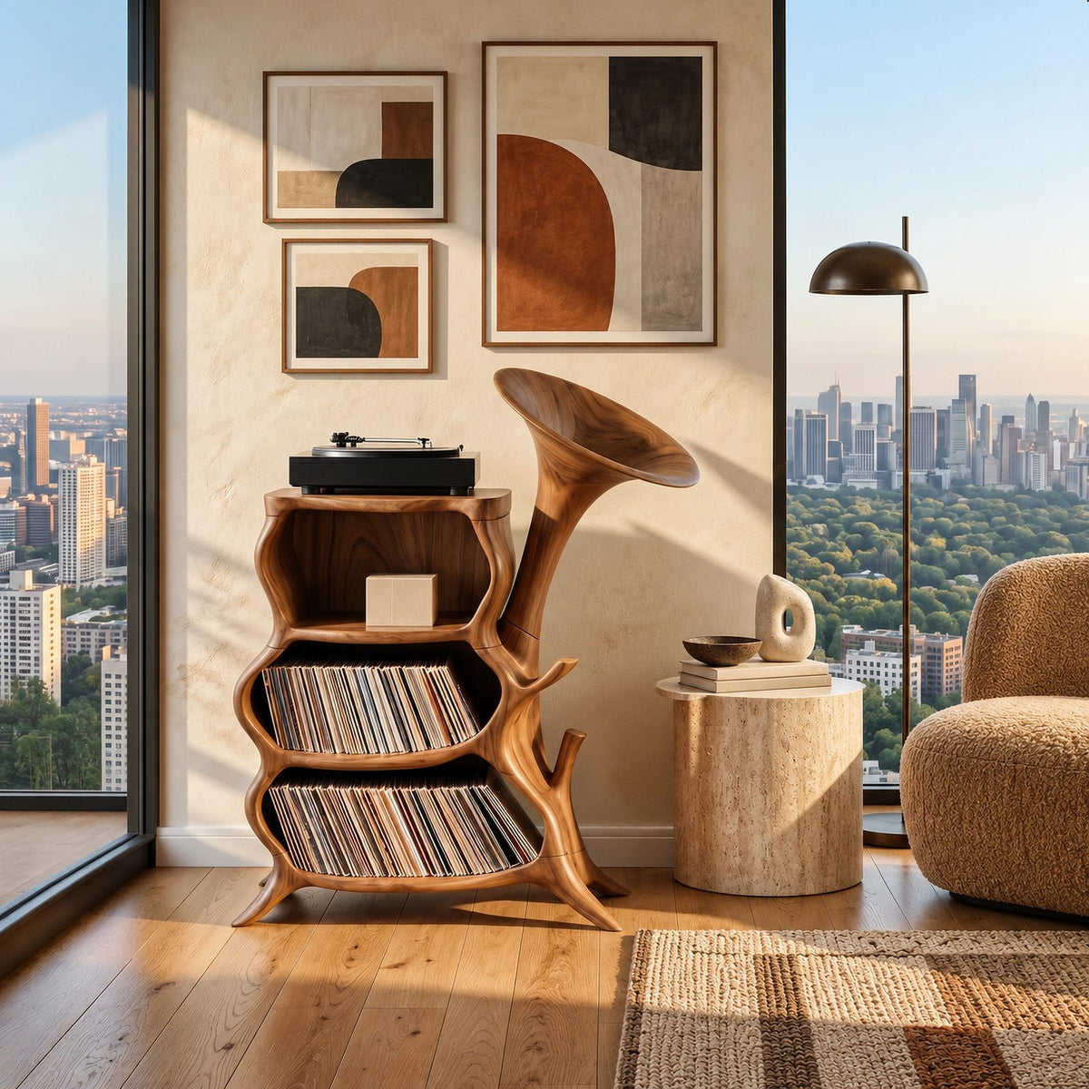 Sculptural Wood Record Player Stand With Horn Shaped Form For Living Room