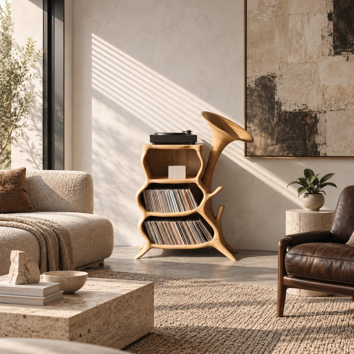 Sculptural Wood Record Player Stand With Horn Shaped Form For Living Room