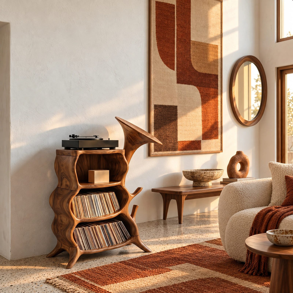Sculptural Wood Record Player Stand With Horn Shaped Form For Living Room