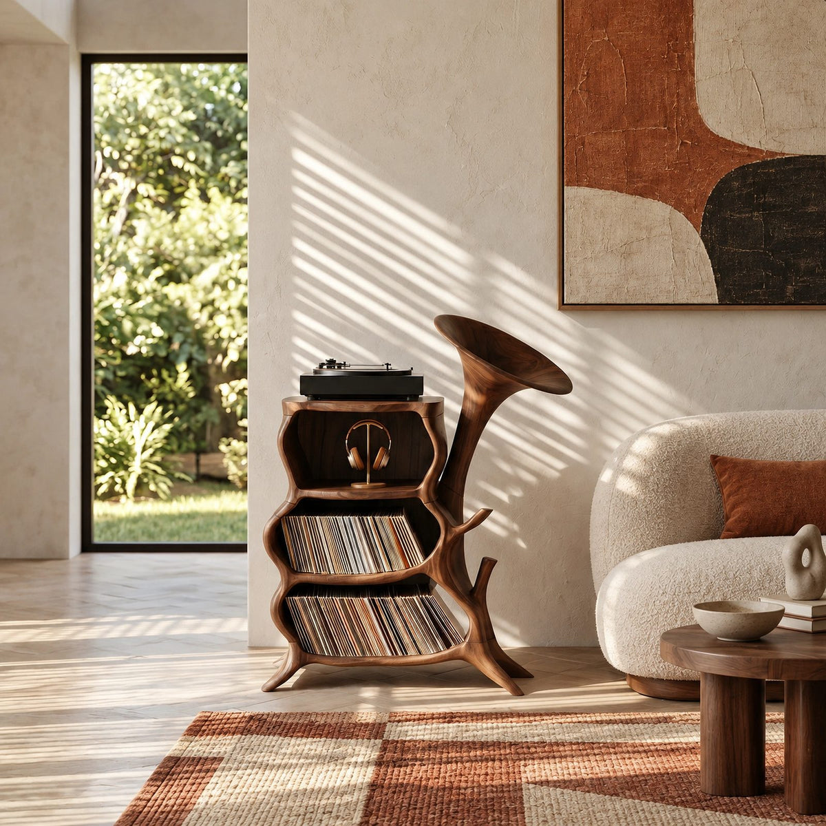 Sculptural Wood Record Player Stand With Horn Shaped Form For Living Room