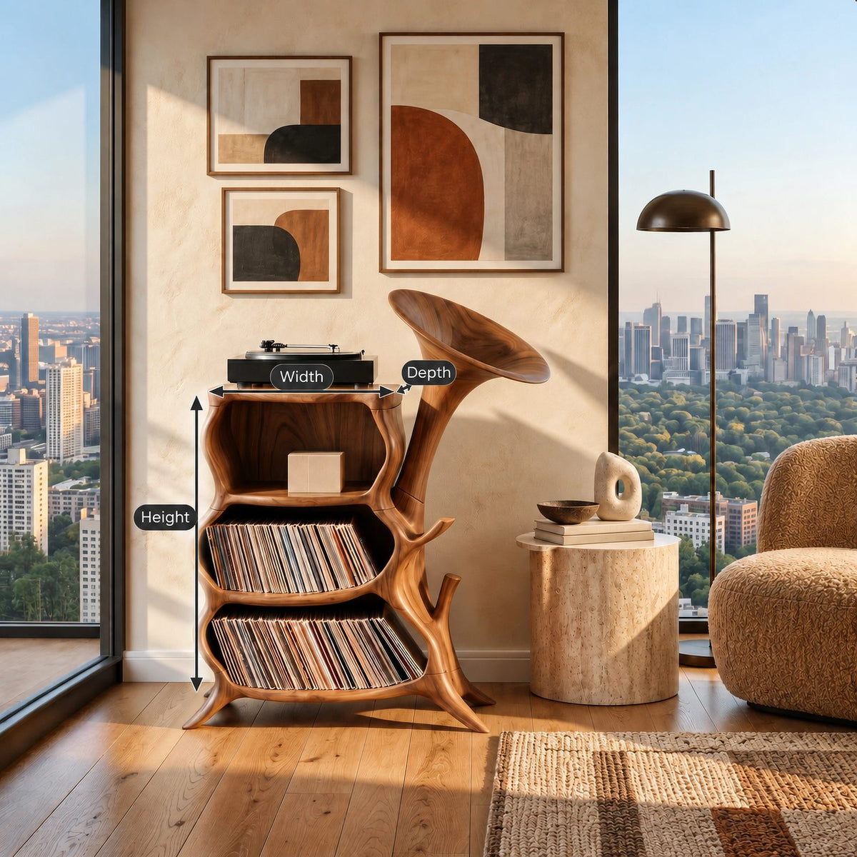 Sculptural Wood Record Player Stand With Horn Shaped Form For Living Room