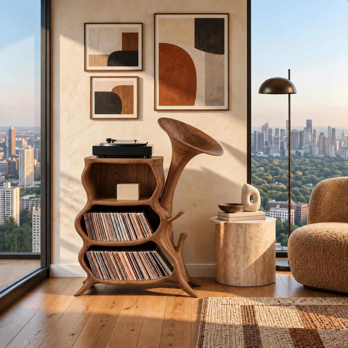 Sculptural Wood Record Player Stand With Horn Shaped Form For Living Room