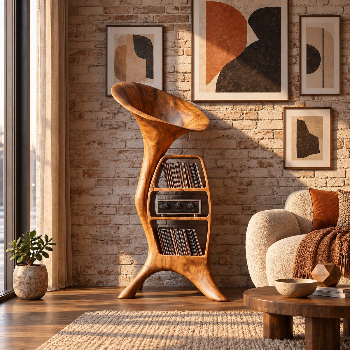 Handcrafted Wood Record Player Stand With Sculptural Horn Form For Entryway