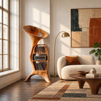 Handcrafted Wood Record Player Stand With Sculptural Horn Form For Entryway
