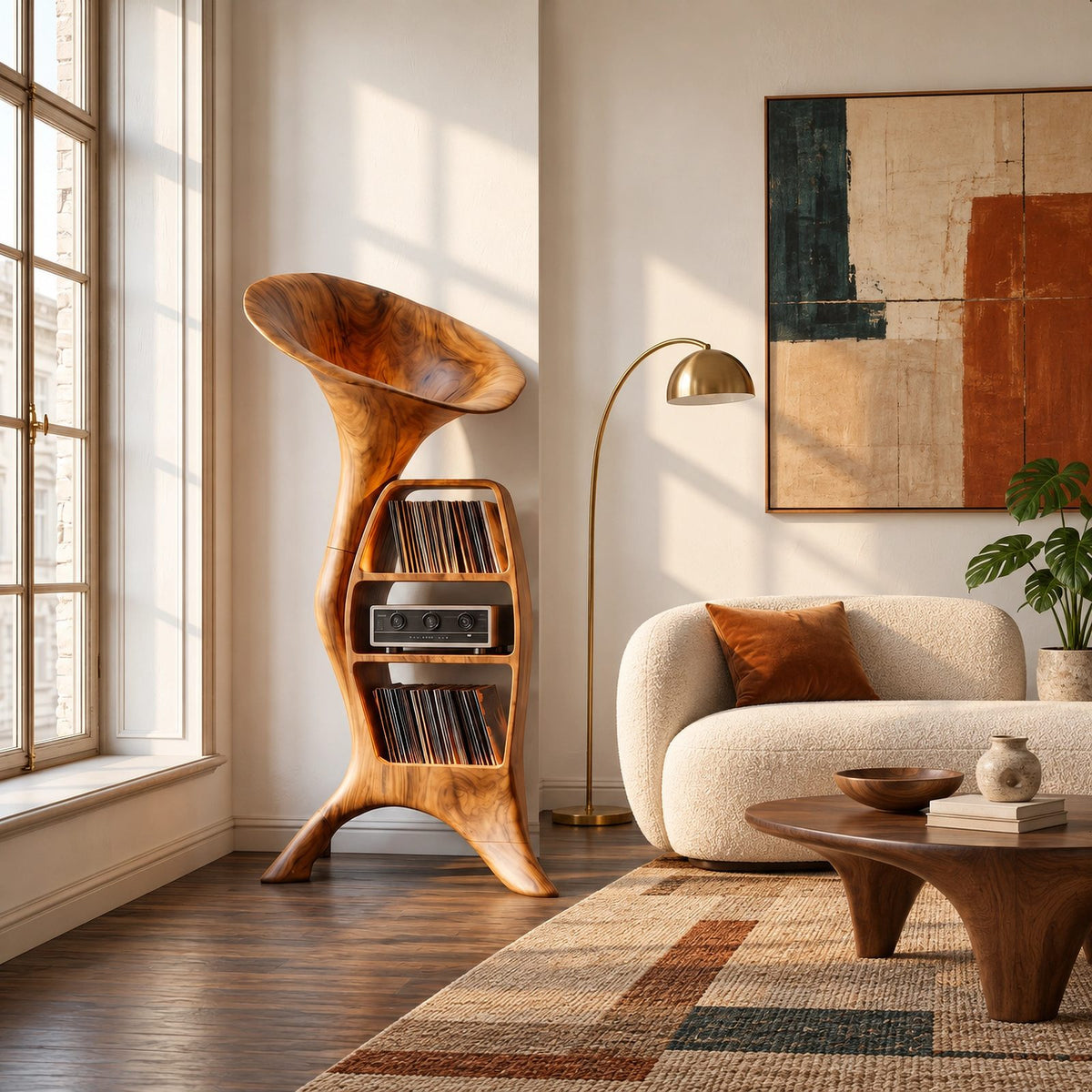 Handcrafted Wood Record Player Stand With Sculptural Horn Form For Entryway
