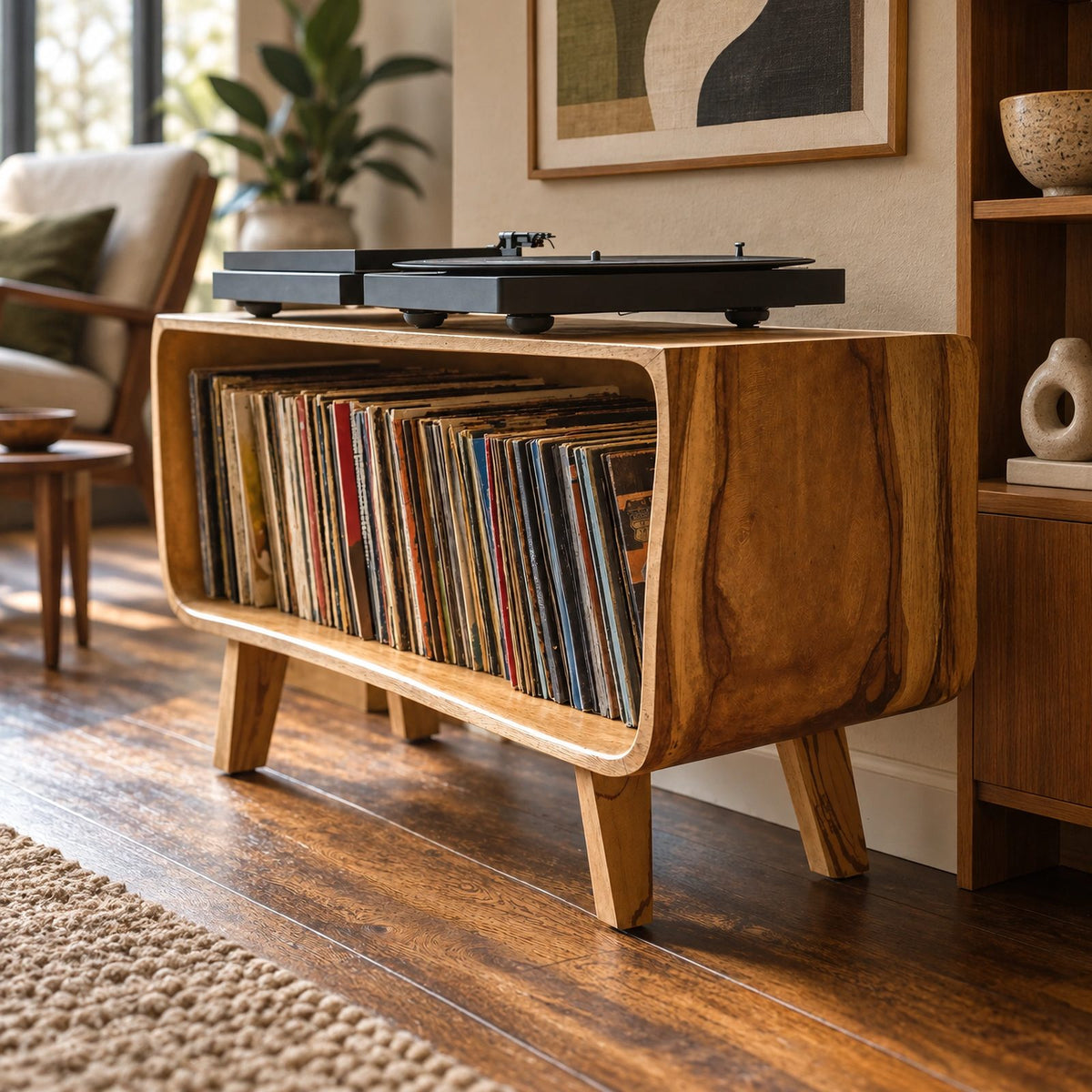 Mid Century Wood Record Player Stand With Waterfall Base For Living Room