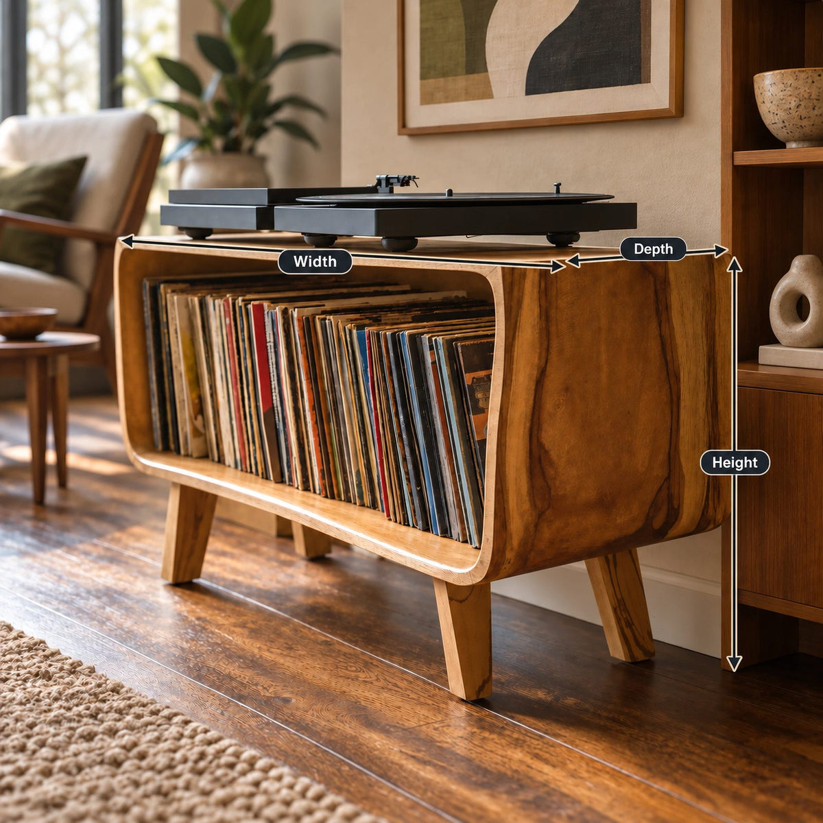 Mid Century Wood Record Player Stand With Waterfall Base For Living Room