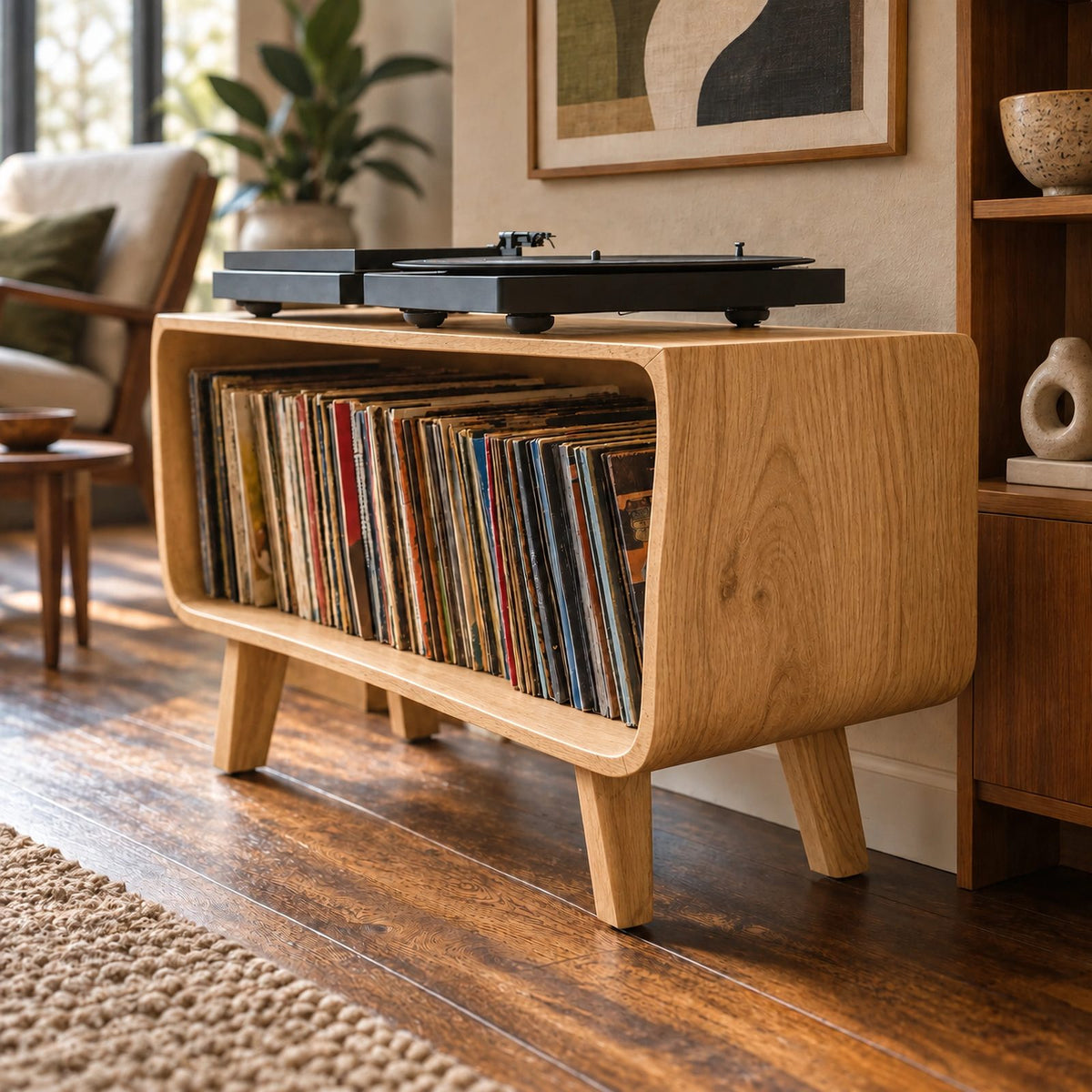 Mid Century Wood Record Player Stand With Waterfall Base For Living Room