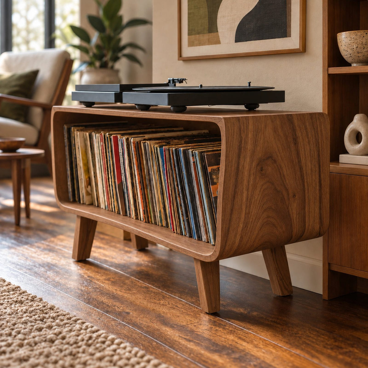 Mid Century Wood Record Player Stand With Waterfall Base For Living Room