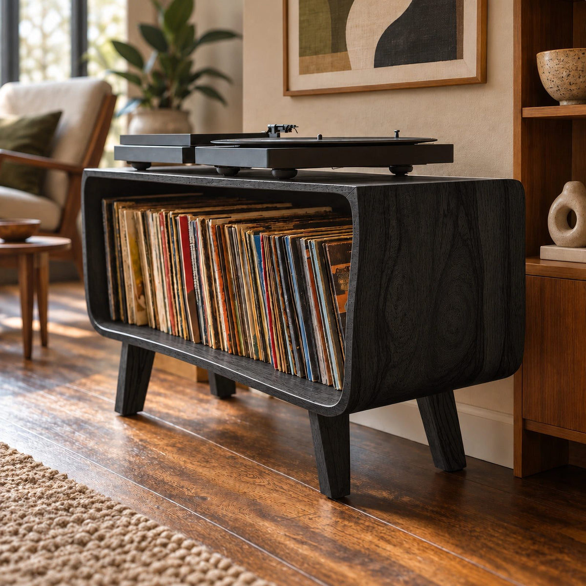 Mid Century Wood Record Player Stand With Waterfall Base For Living Room