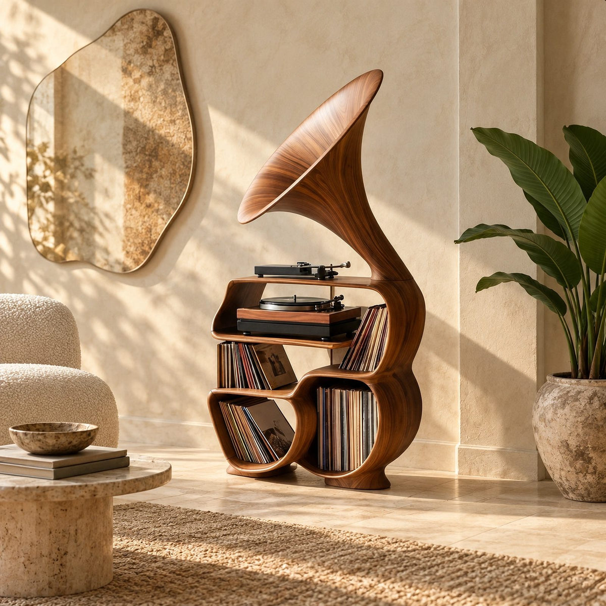 Rustic Wood Record Player Stand With Sculptural Horn Form For Bedroom