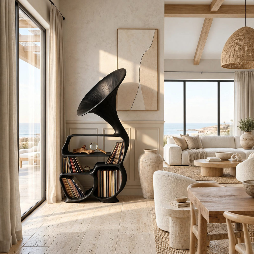 Rustic Wood Record Player Stand With Sculptural Horn Form For Bedroom