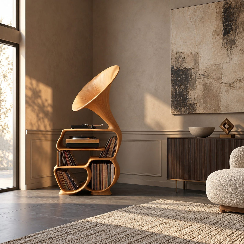 Rustic Wood Record Player Stand With Sculptural Horn Form For Bedroom