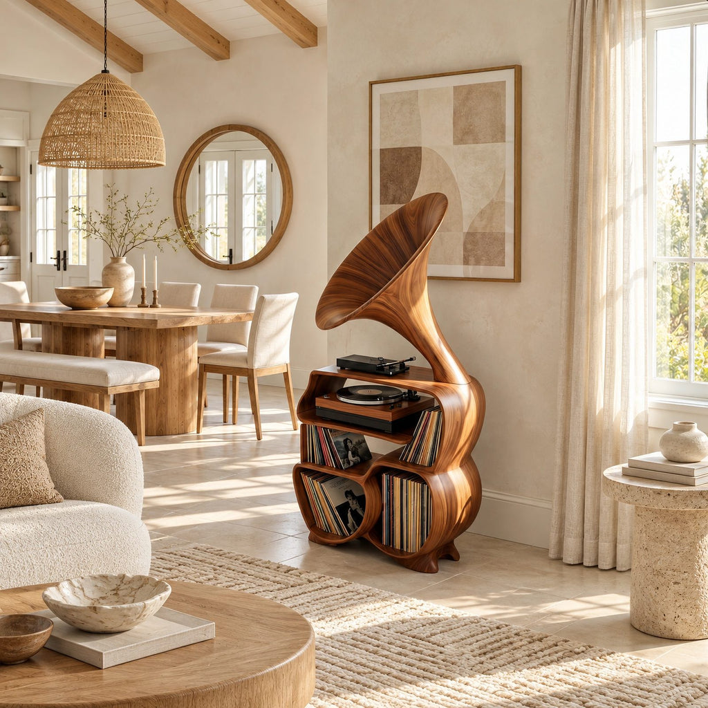 Rustic Wood Record Player Stand With Sculptural Horn Form For Bedroom
