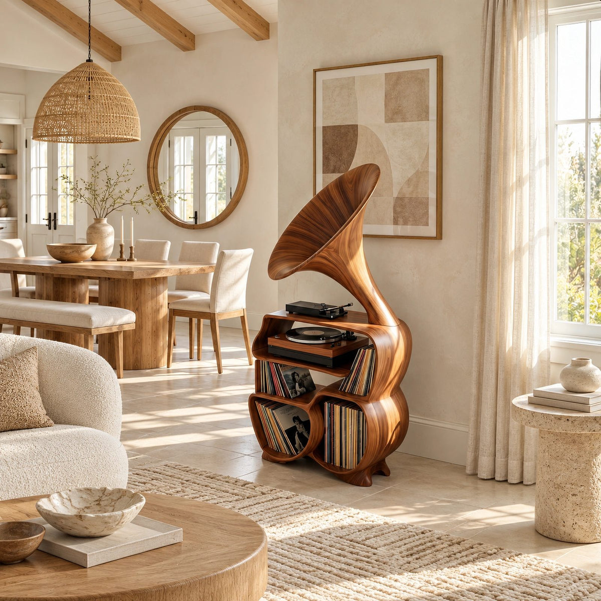 Rustic Wood Record Player Stand With Sculptural Horn Form For Bedroom