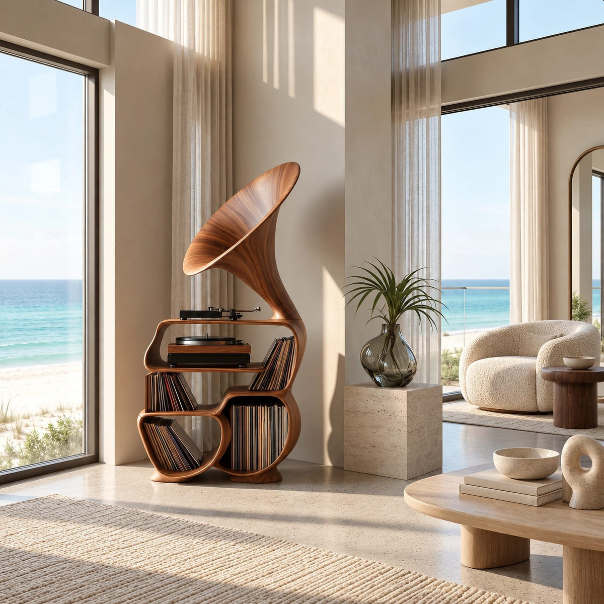 Rustic Wood Record Player Stand With Sculptural Horn Form For Bedroom