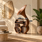 Rustic Wood Record Player Stand With Sculptural Horn Form For Bedroom