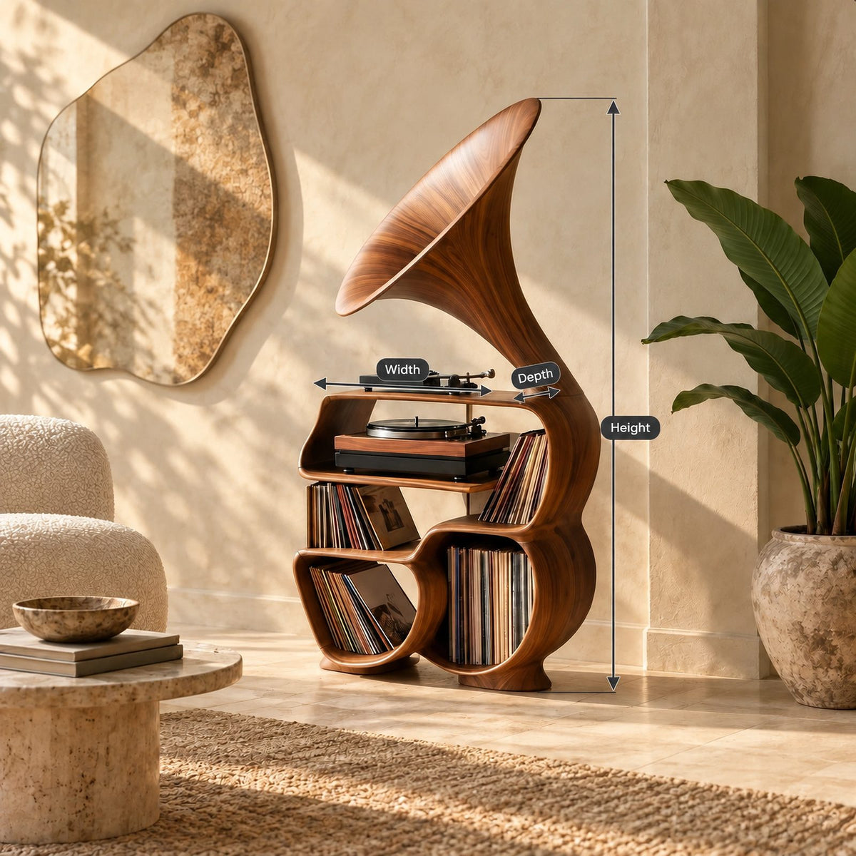 Rustic Wood Record Player Stand With Sculptural Horn Form For Bedroom