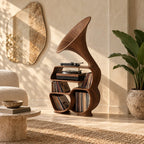 Rustic Wood Record Player Stand With Sculptural Horn Form For Bedroom