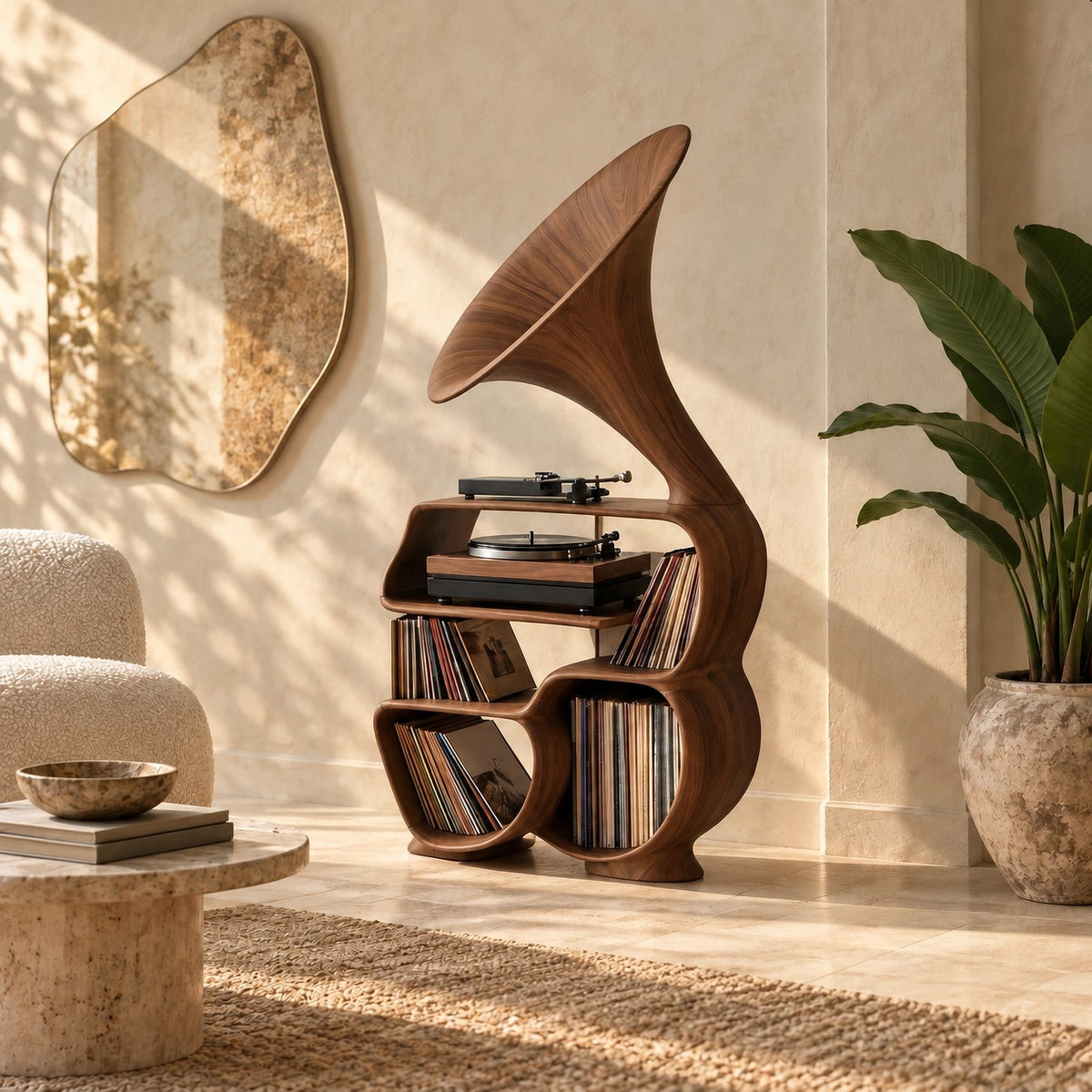Rustic Wood Record Player Stand With Sculptural Horn Form For Bedroom
